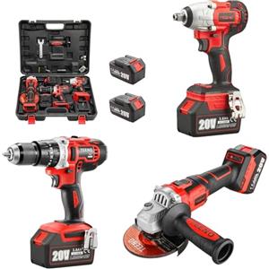 TEENO Kit di utensili 3 pezzi (avvitatore a impulsi senza fili + trapano a percussione + smerigliatrice angolare senza fili) 20V 2xbatteria 3Ah