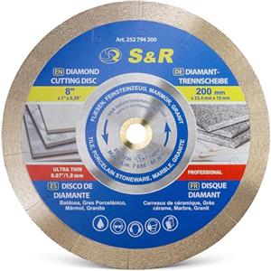 S&R Disco diamantato 200 x 25,4 x 10 mm (1,6 mm extra sottile), disco da taglio per Gres Porcellanato, Piastrelle, Porcellana, Ceramica, Granito, Marmo, per sega da banco e tagliapiastrelle