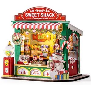 ROBOTIME Kit Casa delle Bambole in Miniatura DIY-Casa di Dolci di Natale, Kit Modello in Legno con Luci LED, Modellismo da Costruire Adulti, Decorazione per la Casa e Regalo di Natale