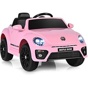 COSTWAY 12V Volkswagen Macchina Elettrica per Bambini, Auto Elettrica con Telecomando Luci Musica Doppia Porta, 5km/h Carico 30kg, per Bambini 3-8 Anni (Rosa)