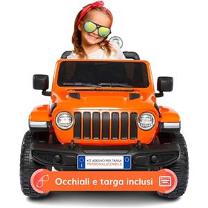 BabyCar Jeep Elettrica Per Bambini | Auto con Sedili in Pelle, Porte Apribili, MP3/USB/Micro SD | Macchina Elettrica per Bambini 12V con 2 Motori 35W | Licenza Ufficiale Jeep | Arancio Occhiali-Targa