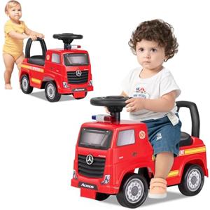 RELAX4LIFE Camion dei Pompieri a Spinta per Bambini, Camion Certificato Mercedes-Benz con Fari, Clacson, Musica, Volante, Scatola Portaoggetti Sotto il Sedile