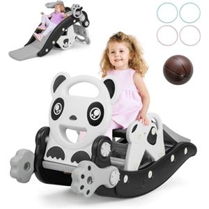 COSTWAY 5 in 1 Set Cavallo a Dondolo e Scivolo per Bambini, Set di Giocattoli con Canestro da Basket e Gioco degli Anelli, Età 1-5 Anni, Carico 50kg, per Interno ed Esterno (Panda)
