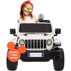 BabyCar Jeep Elettrica Per Bambini | Auto con Sedili in Pelle, Porte Apribili, MP3/USB/Micro SD | Macchina Elettrica per Bambini 12V con 2 Motori 35W | Licenza Ufficiale Jeep | Bianco Occhiali-Targa