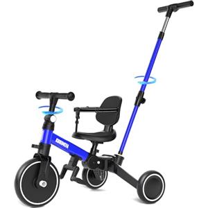 KORIMEFA Bicicletta per bambini, Triciclo a 3 ruote per bambini da 1-3 anni,maniglia di spinta, pedale rimovibile,schienale,maniglia di guida per i genitori,Natale per il primo compleanno (Blu)