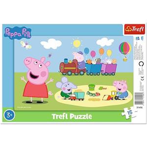Trefl - Peppa Pig, Jolly Train - Puzzle a Cornice per Bambini, 15 Pezzi Grandi, Cornice e Tappetino Rigido, con I Personaggi di Peppa Pig, per Bambini Dai 3 Anni In Su
