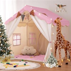 besrey 2 in 1 Tenda per Bambini besrey, Tenda Casetta da Gioco con 2 Porte e 4 Finestre, Tenda da Gioco per Bambini Interni ed Esterni con Tappetino Imbottito, Luci Fatate e bandierine (Rosa)