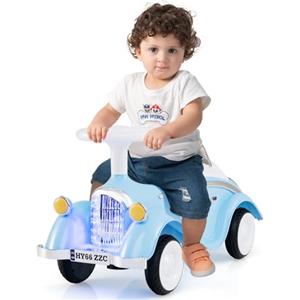 COSTWAY Macchina Cavalcabile per Bambini 19-36 Mesi, Macchina a Spinta Vintage con Clacson, Fari a LED, Ruote Fluide e Spazio Portaoggetti Sotto Sedile, per Interno ed Esterno (Azzurro)