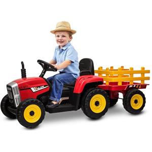 BABYCAR Trattore Elettrico per Bambini con Rimorchio (Rosso) - Macchina elettrica per Bambini, Batteria 12V, 2 motori, Trattore Elettrico con Luci e Telecomando