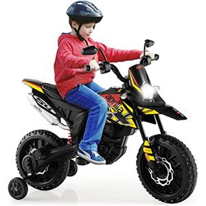 RELAX4LIFE 12 V Moto Elettrica RX125 per Bambini, con 2+2 Rotelle, 5,5-6 km/h, Luci,Musica,Fari, Marcia Avanti, Carico Max 25 KG (Giallo)