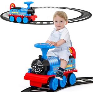 RELAX4LIFE 2 in 1 Macchina Elettrica per Bambini e Trenino Elettrico per Bambini con 16 Pezzi di Binari, Musica, Luci, Pedali Retrattili, 2 Anni+ (BLU SCURO)