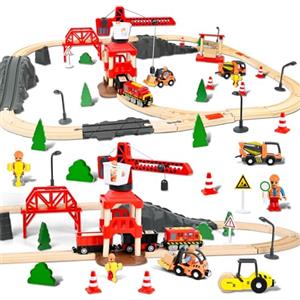 FORMIZON Set di 87 Pezzi Binari Trenino Legno, con Locomotiva Trenino Elettrico e Gru a Torre Telecomandata, Giocattoli Treno Elettrico, Ingegneria Ferroviaria, Regali di Compleanno e Natale Bambini