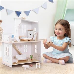 Navaris Casa delle Bambole in Legno - Casetta di 2 Piani con Scala e Terrazzo - 12 Mobili e Accessori Inclusi - Casa Giocattolo per Bambine e Bambini dai 3 Anni - Idea Regalo