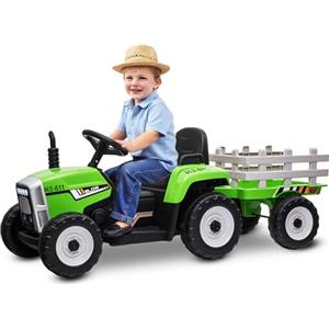 BABYCAR Trattore Elettrico per Bambini con Rimorchio (Verde) - Macchina elettrica per Bambini, Batteria 12V, 2 motori, Trattore Elettrico con Luci e Telecomando