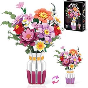 Mavo brix Set di Costruzione di Mazzetto di Fiori con Vaso Bicolor, 16 Set di Mazzetti di Fiori Artificiali per Adulti e Donne, Compatibile con la Collezione Botanica di Mazzetti di Fiori Lego, 1278 Pezzi