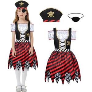 Aomig Pirate Costume Bambina, 3 Pezzi Costume Pirata Set di Costume Carnevale Pirata con Accessori, Vestito Pirata per Cosplay Pirata Halloween(M), 3pcs-nero Rosso