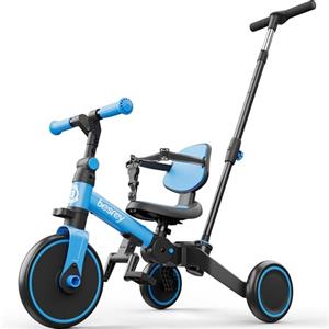 besrey Triciclo per Bambini 5 in 1, Bici senza Pedali per bambine e bambini da 1 a 3 anni, Triciclo con Maniglia di Spinta, Sedile Regolabile, Pedali rimovibili, Blu