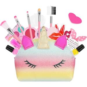Aomig Set di trucco per bambini per ragazze, lavabile, con borsa colorata a forma di unicorno, cosmetici atossici per bambini, 20 pezzi, kit di trucco da principessa, regalo di Natale, Halloween