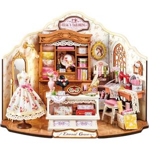 ROBOTIME Kit Casa delle Bambole in Miniatura Elsa's Tailoring, Kit di Costruzione in Legno con Luci LED, Miniature da Costruire per Adulti, Decorazione per la Casa, Regalo per Donne e Ragazze