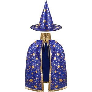 AYBUY Mantello da strega per bambini, mantello da strega, mantello e cappelli per bambini, costume di scena per Halloween con motivo stelle dorate, per bambini, feste di Halloween e cosplay (blu)