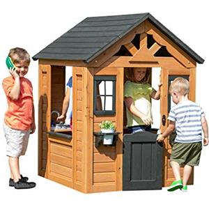 Backyard Discovery Casetta giocattolo Sweetwater in legno | casetta giocattolo per bambini all'aperto per il giardino con accessori | casetta da giardino per bambini con finestre in marrone e nero