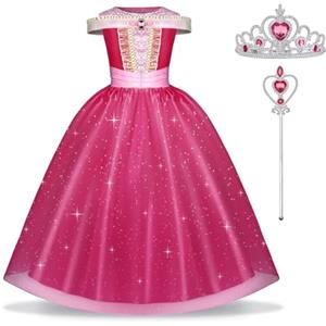 URAQT Costumi Principessa Aurora, 3 Pcs Vestito Aurora Bambina Bella Addormentata Costume con Accessori, Ragazza Abiti Principessa Aurora Abito Principessa Rosa da Carnevale Halloween(140cm)