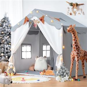 besrey 2 in 1 Tenda per Bambini besrey, Tenda Casetta da Gioco con 2 Porte e 4 Finestre, Tenda da Gioco per Bambini Interni ed Esterni con Tappetino Imbottito, Luci Fatate e bandierine (Grigio)