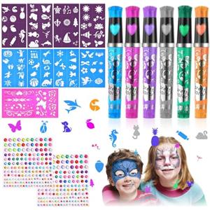 AOMIG Kit Tattoo Temporanei per Bambini, 6 Pezzi Tatuaggi Penne Bambini Glitterati Penne tattoo, Kit Di Tatuaggi Glitterati con 86 Stencil e 330 Brillantini Viso, Regali per Halloween, Natale, Festa