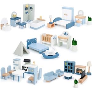 Joyreal Set di mobili per casa delle bambole in legno, 32 pezzi di accessori e mobili per casa delle bambole Sanlebi, mobili in miniatura inclusi 5 kit di stanze, giocattolo di finzione regalo per bambini, ba