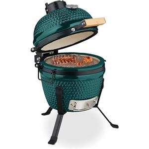 Relaxdays Barbecue a Carbonella Stile Kamado, Griglia Ø 26 cm in Ceramica, BBQ Carbone da Esterno Termometro 450°C