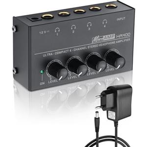 SinLoon HA400 Amplificatore per Cuffie Stereo a 4 canali, Mini Splitter Audio in Metallo con Controllo del Volume Indipendente, Uscita e Ingresso TRS da 1/4, con Adattatore 12V per Studio,