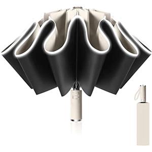 Poligono Ombrello Inverso Automatico, Ombrello Pieghevole Antivento, Ombrello Grande da Pioggia 10 Stecche Rinforzate per Uomo Donna, Diametro 105cm (Beige)