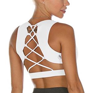 icyzone Reggiseno Donna Sportivo Imbottito Senza Ferretto Supporto Medio Cinturino Reggiseni Sportivi Yoga Fitness Palestra Top (L,Bianco Sporco)