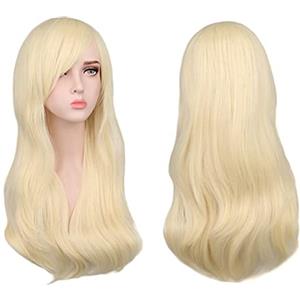 Aomig Capelli Lunghi Mossi Ricci, 3 Pcs Parrucca Bionda Lunga Parrucca Bionda Riccia con Occhiali e Retine per Parrucche, Parrucche a Onde Lunghe Parrucca Sintetica per Cosplay, Festa, Uso Quotidiano