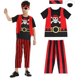 Aomig Costume Pirata per Bambini, Pirata Cosplay Set per Ragazzi, Costume da Pirata Set di 4 Pz Pirata Costume con Benda Pirata, Vestiti, Pantaloni, Bandana per Carnevale Halloween Cosplay