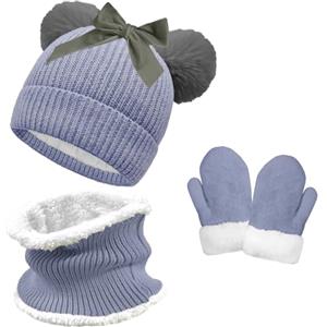 crazy bean Berretto e Scaldacollo e Guanti Bambina Bambino in Maglia Caldo Set Cappello con PON PON Invernale Termico per Ragazzi con Papillon con Muffola Grigio