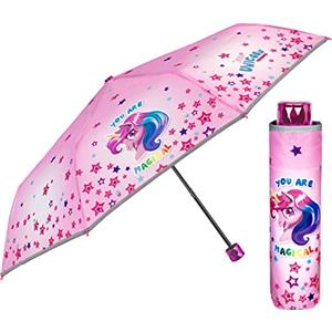 PERLETTI Ombrello Pieghevole Rosa con Stampa Unicorno per Bambina - Portatile con Stelle Colorate per Bimba - Ombrellino Multicolore Antivento Resistente con Dettagli Catarifrangenti - Diametro 91 cm