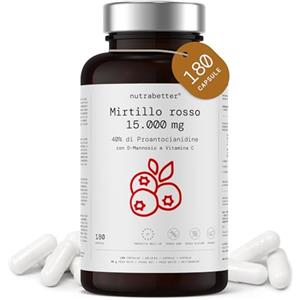 NUTRABETTER Mirtillo rosso 15.000 mg per cistite e vie urinarie | 180 capsule vegane | Proantocianidine ad alto dosaggio al 40% | Cranberry con D mannosio e vitamina C | nutrabetter®