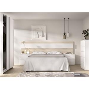 DEKIT GRUPO RIMOBEL NIZA PACK - Set di testata con due comodini a due cassetti, cassettiera a cinque cassetti e armadio con due ante scorrevoli - Naturale/Bianco