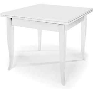 Fashion Commerce Tavolo allungabile a libro Santa Croce bianco laccato, 80×80 cm chiuso, 160×80 cm aperto, gambe a sciabola in legno massello, stile classico shabby chic