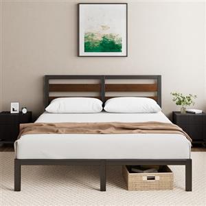 Zinus Kai Struttura Letto 160x190 cm con Testiera in Bambù - Rete Letto Matrimoniale con Doghe in Metallo Incluse - Altezza 28 cm con Spazio Sottostante - Facile da Montare - Nero e Marrone