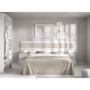 DEKIT GRUPO RIMOBEL BIANCA PACK - Testata con due comodini a due cassetti e armadio guardaroba - Bianco/Rovere effetto cannettato