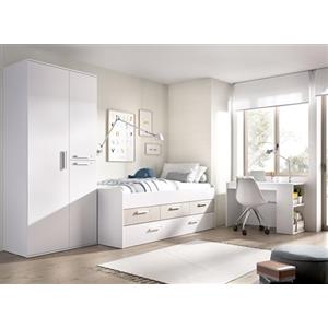 DEKIT GRUPO RIMOBEL PACK LEKA - Set letto compatto con tre cassetti, armadio e scrivania - Bianco/Rovere effetto cannettato