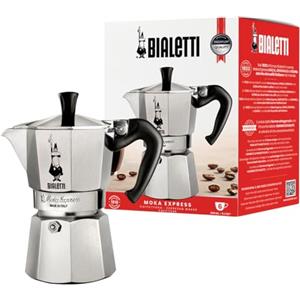 Bialetti Caffettiera Moka Express 6 Tazze, Manico anti scottatura, Non adatta a induzione, 6 Tazze (270 ml), Alluminio