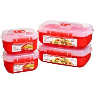 Sistema Heat and Eat Microwave Set | 4 Contenitori alimentari rettangolari con coperchi (2 x 1,25 L + 2 x 525 ml) | Clip e sfiato per il vapore | Privi di BPA