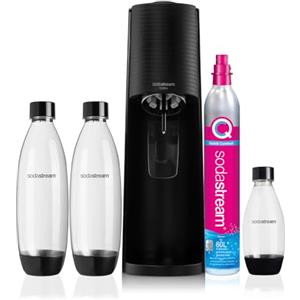 SodaStream Terra Megapack nero,Gasatore d'acqua per trasformare l'acqua in acqua frizzante, incluso cilindro contente Co2,2 bottiglie da 1 litro,1 bottiglia da mezzo litro