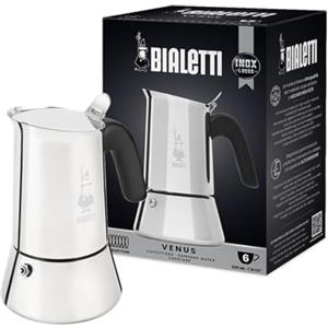 Bialetti Caffettiera New Venus 6 Tazze, Manico Anti Scottatura, Adatta A Induzione, 6 Tazze (235 Ml), Acciaio 18/10, Argento, ‎13 x 11 x 21.5 cm 540 grammi