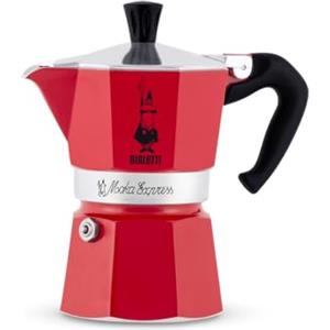 Bialetti Caffettiera Moka Express Color, 6 Tazze, Manico anti scottatura, Non adatta a induzione, 6 Tazze (250 ml), Alluminio, Rosso