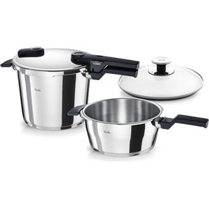 Fissler Vitaquick Premium, Set di Pentole A Pressione, 3 Pezzi 2 Casseruole con Coperchio in Metallo da 3.5 E da 6 Litri, 1 Coperchio Supplementare in Vetro, Compatibile Induzione
