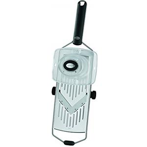 Rösle Mandolina con Lama a V, per Verdure Come Cetrioli O Pomodori, 5 Spessori di Taglio, Acciaio 18/10, con Manico in Plastica e Base in Silicone, Incluso Supporto per Verdure